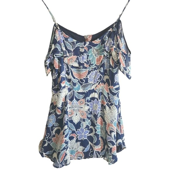 Maeve Anthropologie Top Women 2 Blue Cold Shoulder Sheer Ruffle Floral Mettalic - Picture 7 of 10